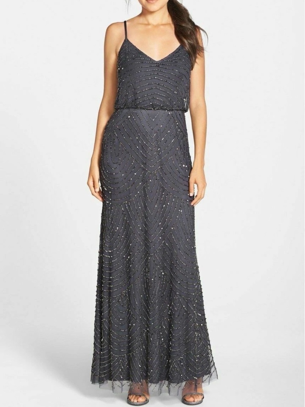 NWT Adrianna Papell Art Deco Beaded Blouson Maxi Gown Gunmetal Gold Size 6